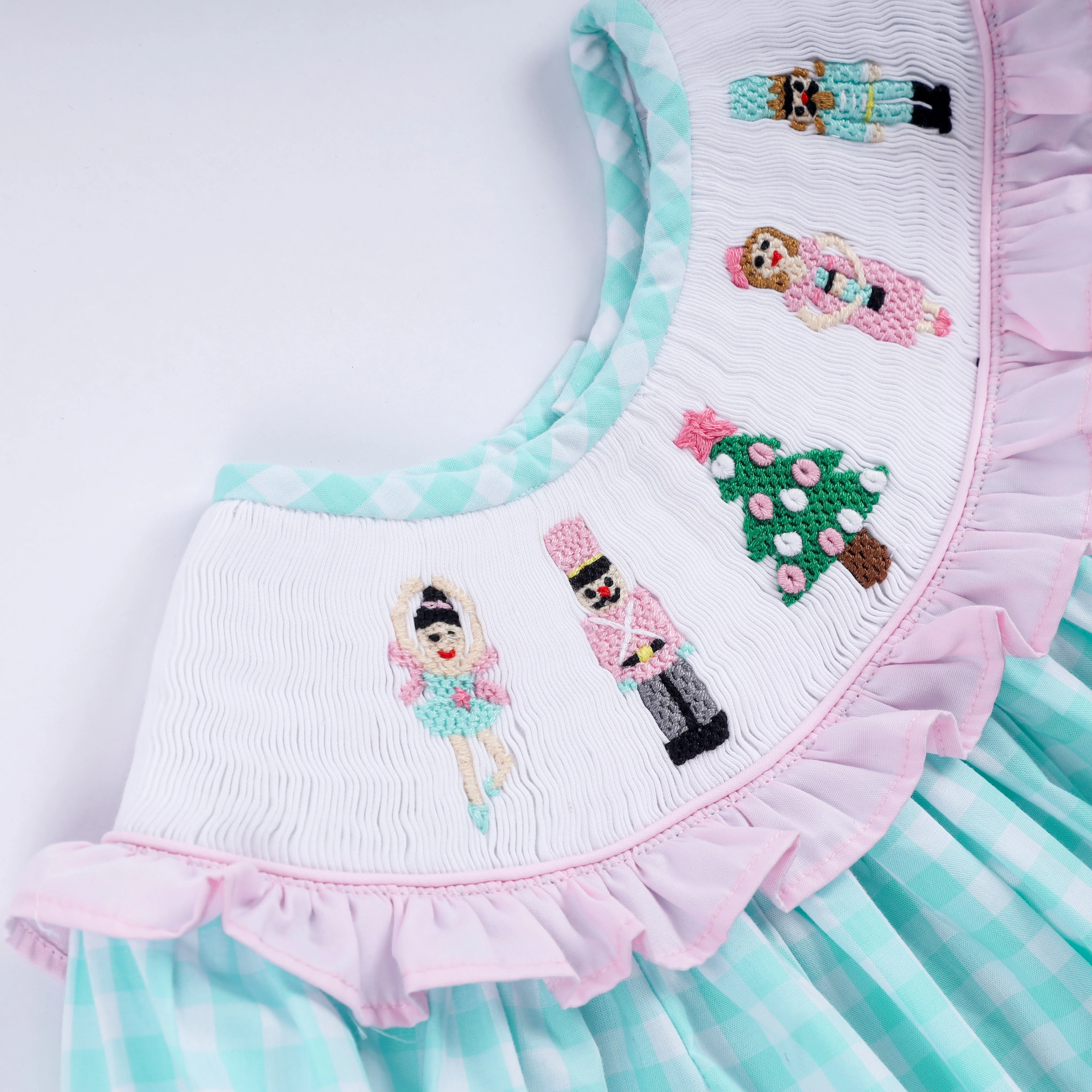 Mint christmas nutcracker hand smocked gingham ruffle pants set - Image 3