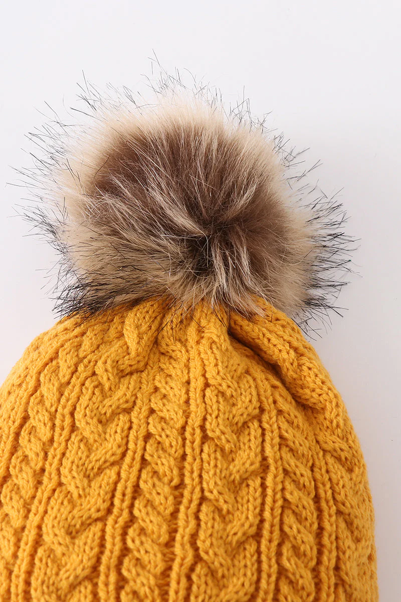Mustard cable knit pom pom beanie hat baby toddler adult - Image 3