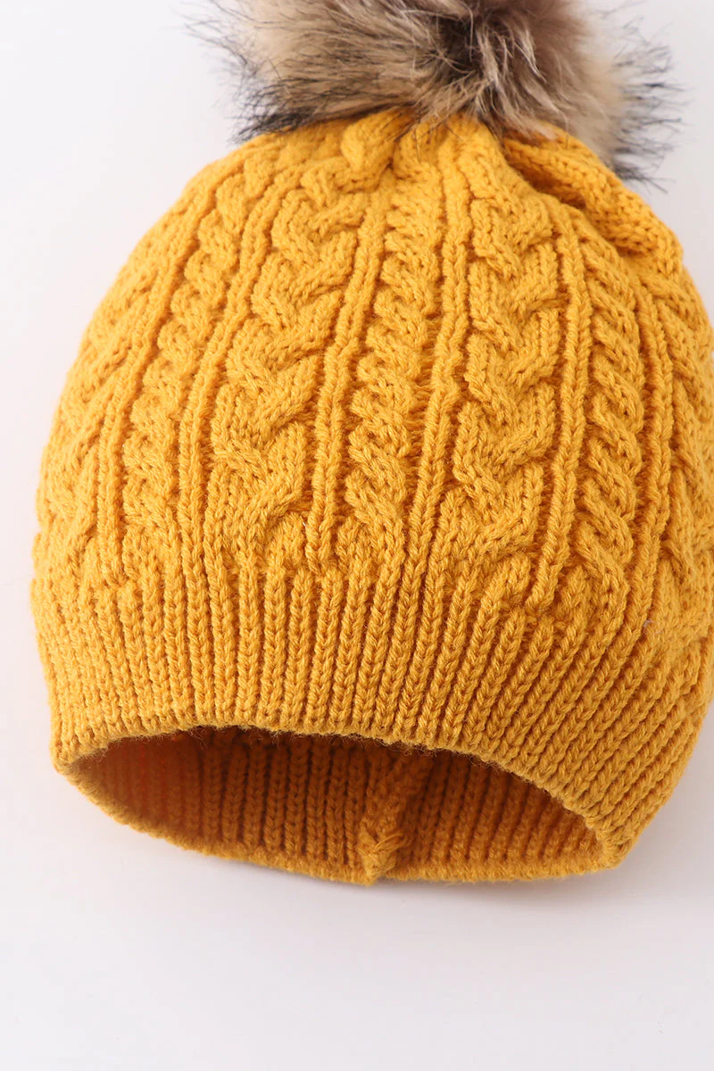 Mustard cable knit pom pom beanie hat baby toddler adult - Image 4