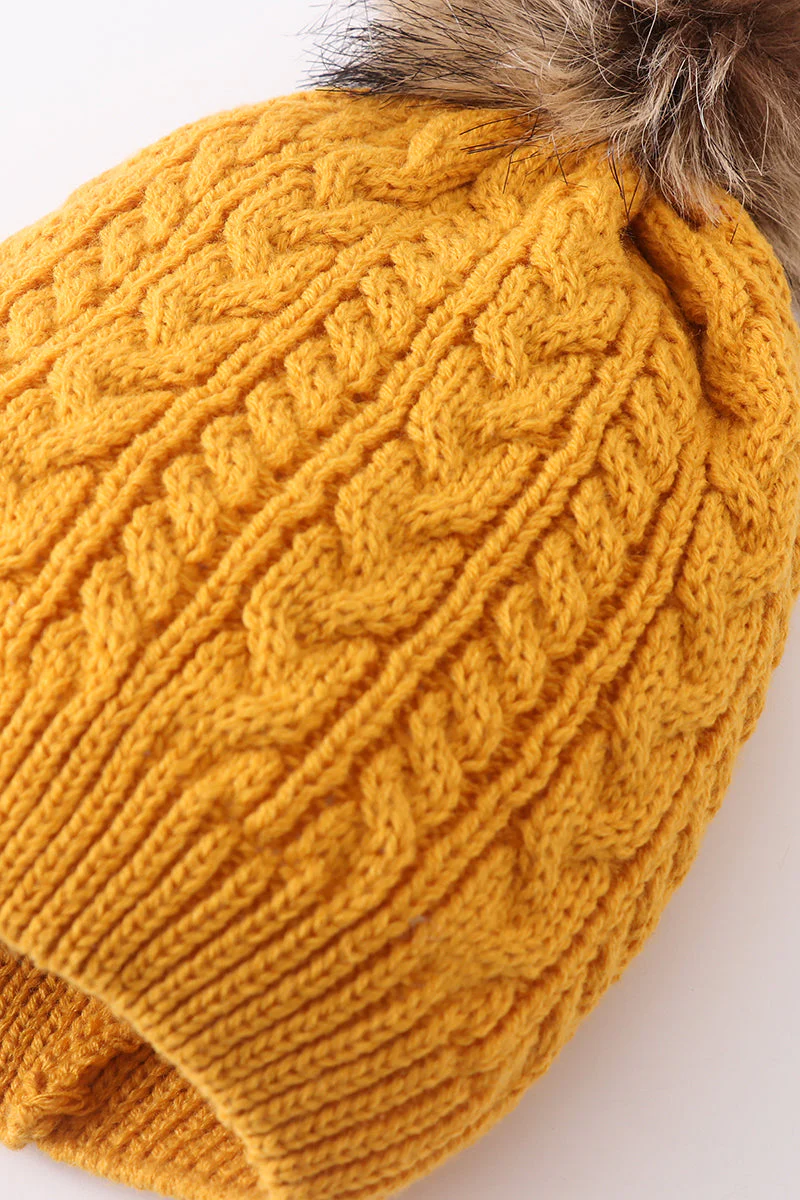 Mustard cable knit pom pom beanie hat baby toddler adult - Image 5