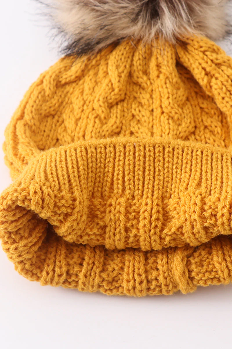 Mustard cable knit pom pom beanie hat baby toddler adult - Image 6