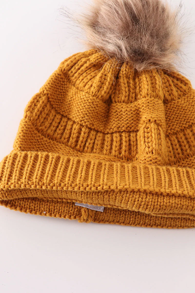 Mustard pompom cable beanie hat - Image 6