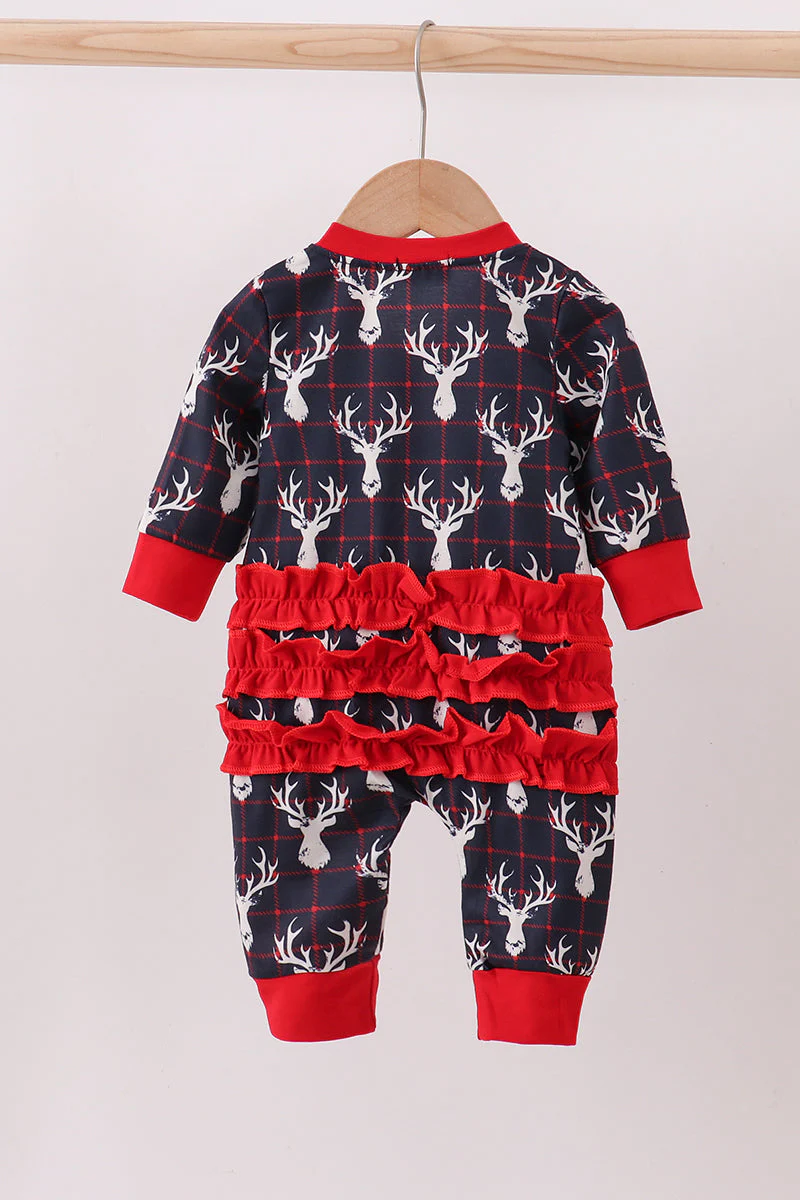 Navy deer print ruffle romper - Image 5