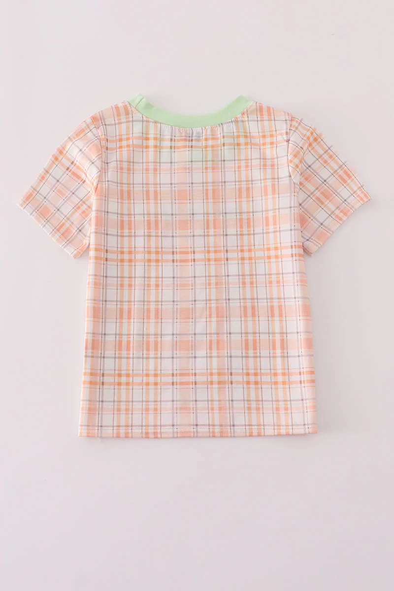 Orange pumpkin embroidery plaid top - Image 5