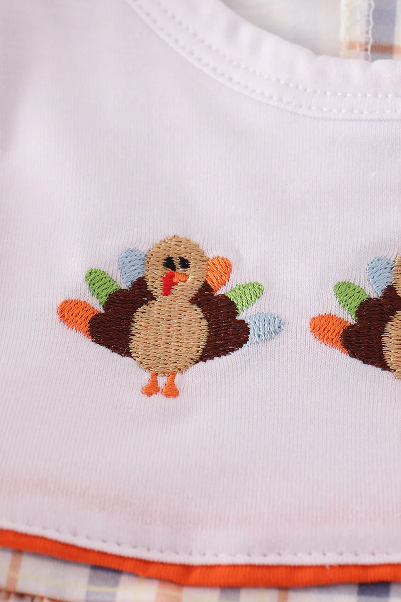Orange turkey embroidery plaid bloomer set - Image 2