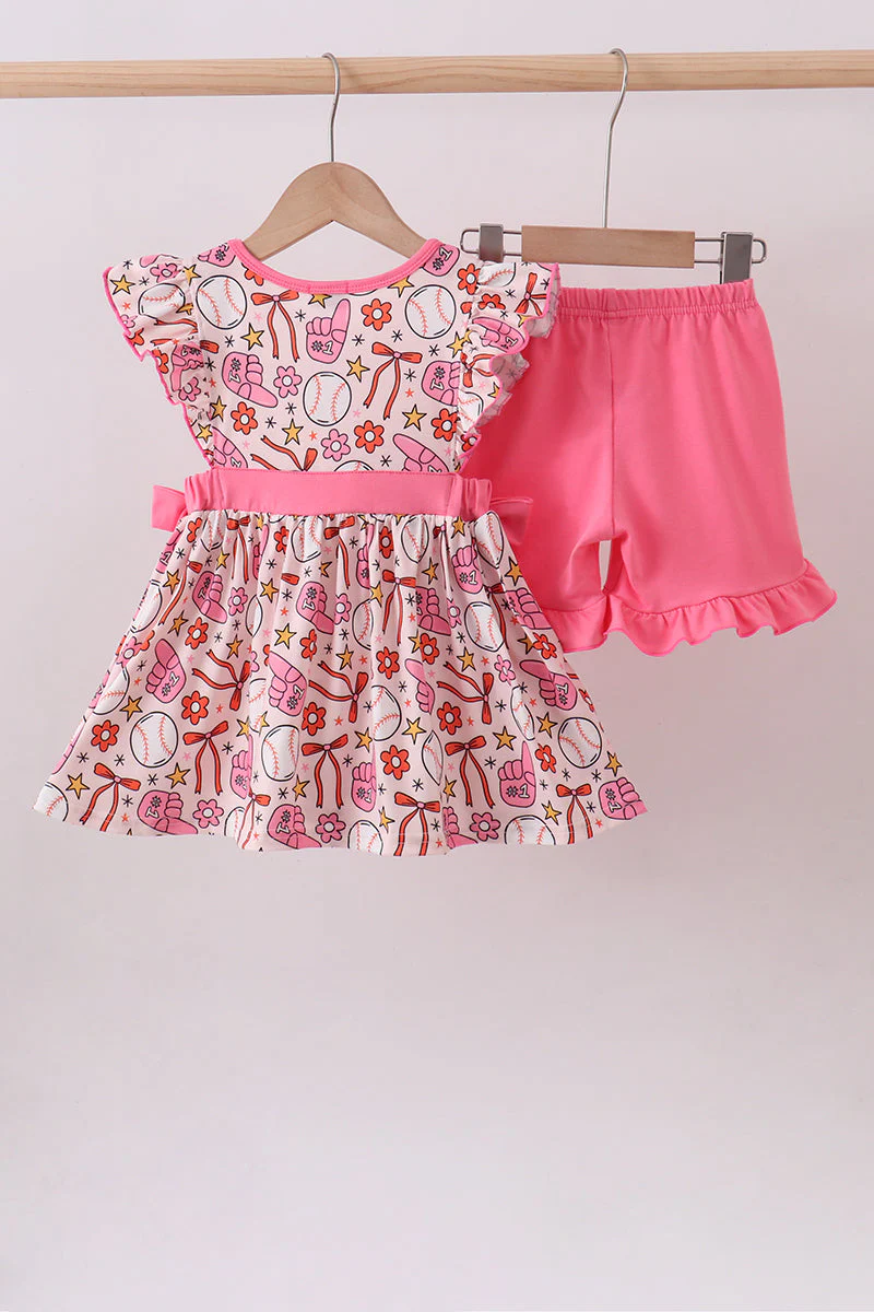 Pink baseball print ruffle shorts set - Image 5