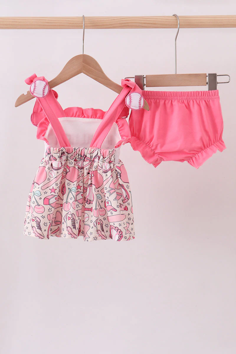 Pink baseball smocked ruffle bloomer set - Image 5