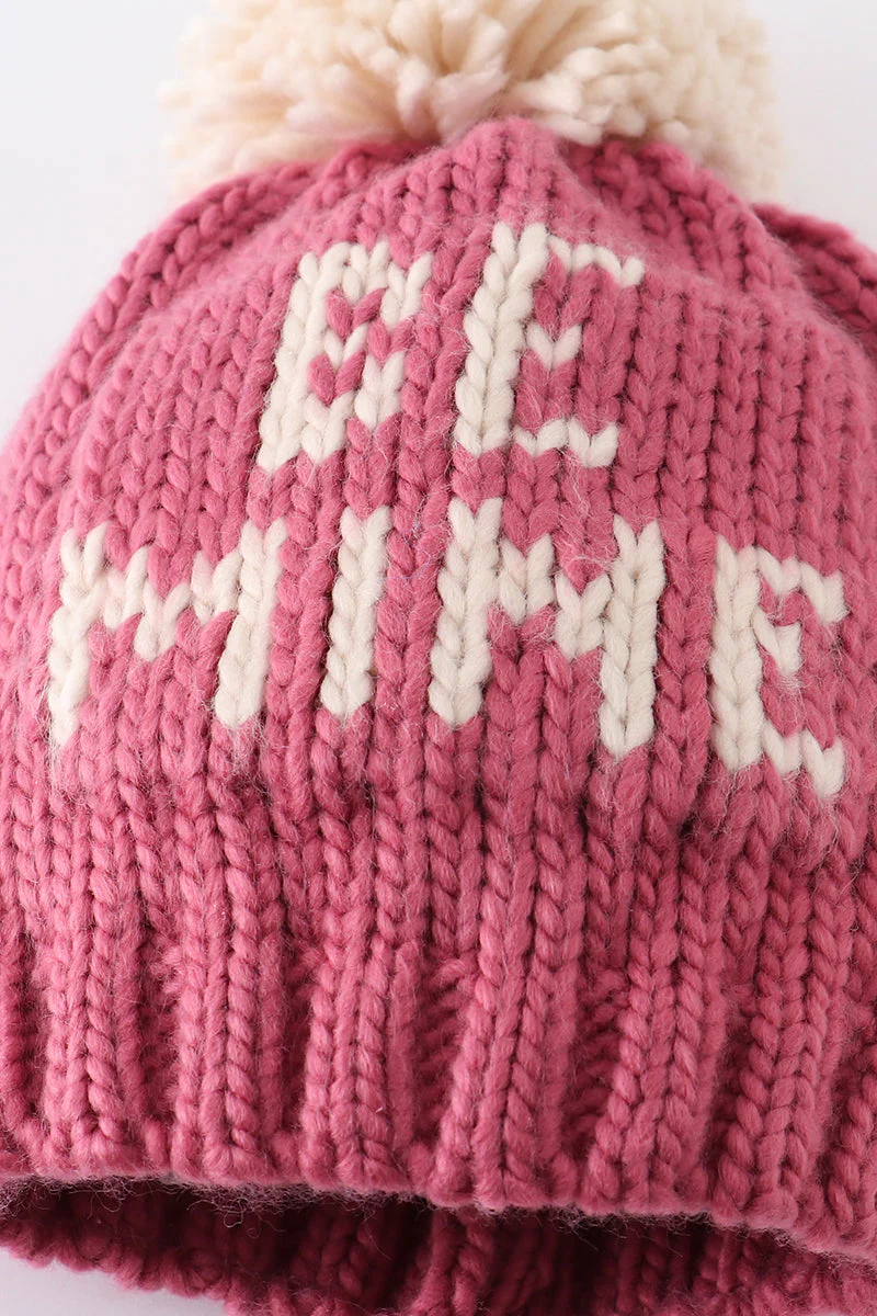 Pink BE MINE knit beanie pom pom hat - Image 4