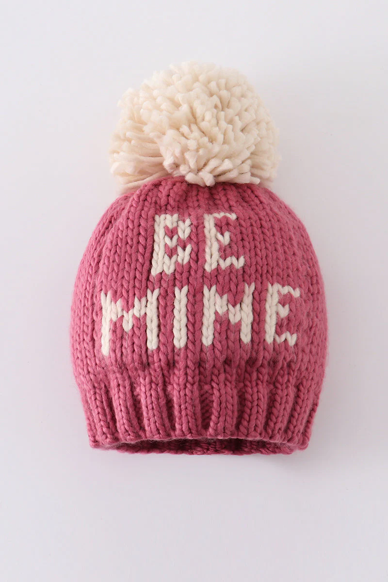 Pink BE MINE knit beanie pom pom hat - Image 6