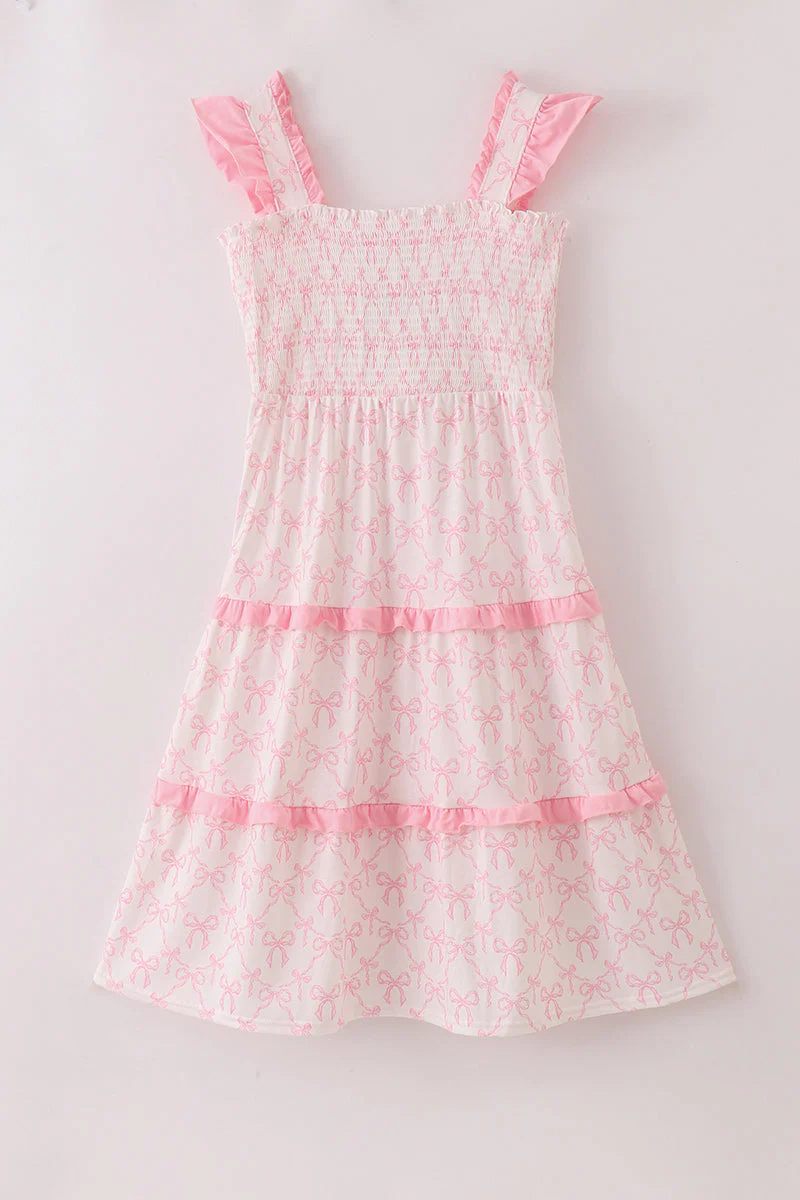 Pink bow smocked mom&me tiered dress - Image 2