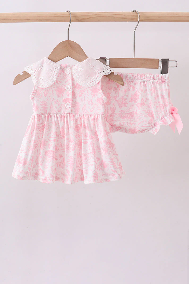 Pink bunny smocked lace collar bow bloomer set - Image 4