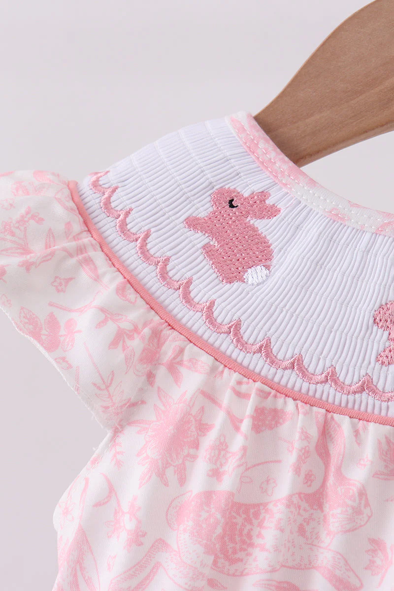 Pink bunny smocked ruffle bow bubble - Image 3