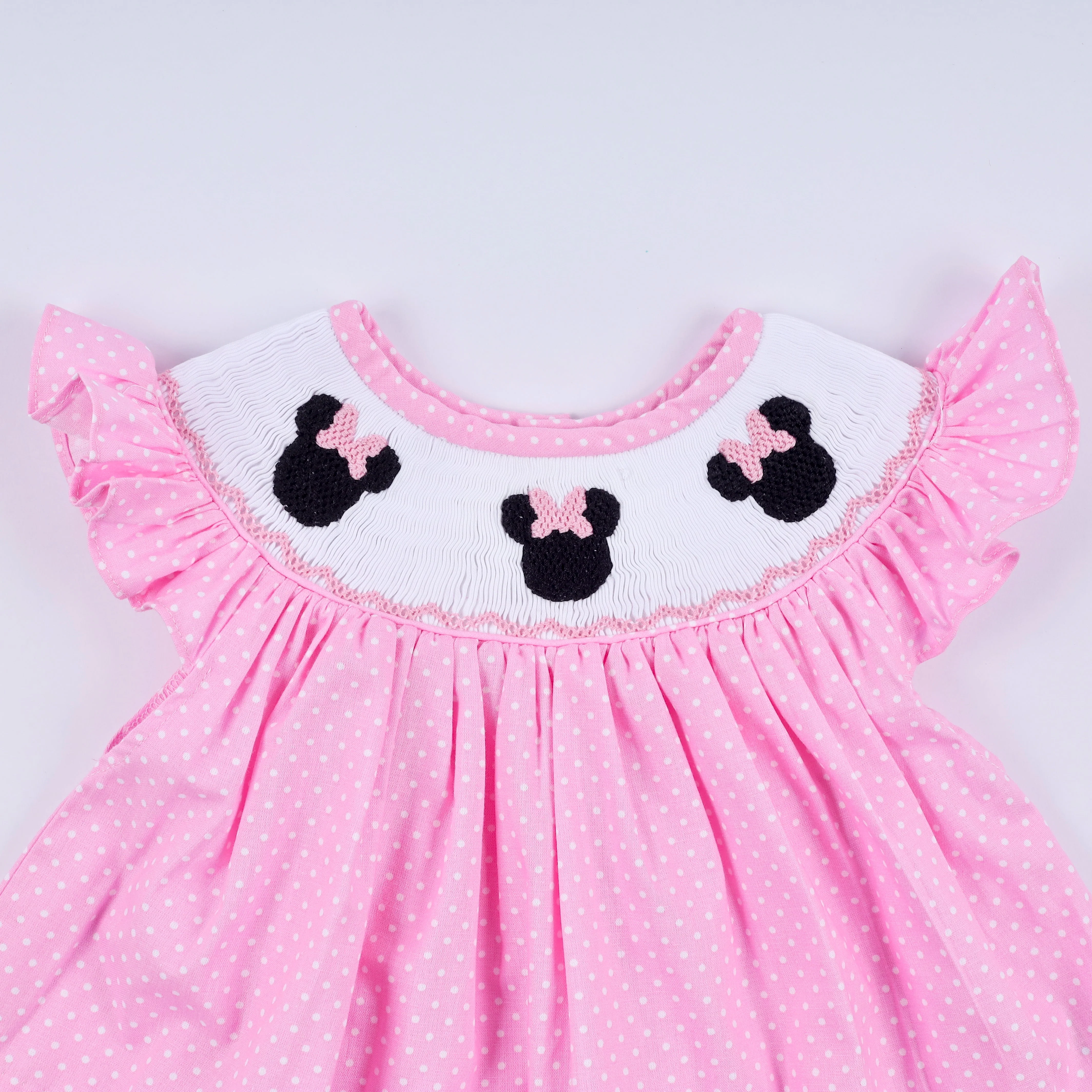 Pink character hand smocked dot ruffle bloomer set - Image 2