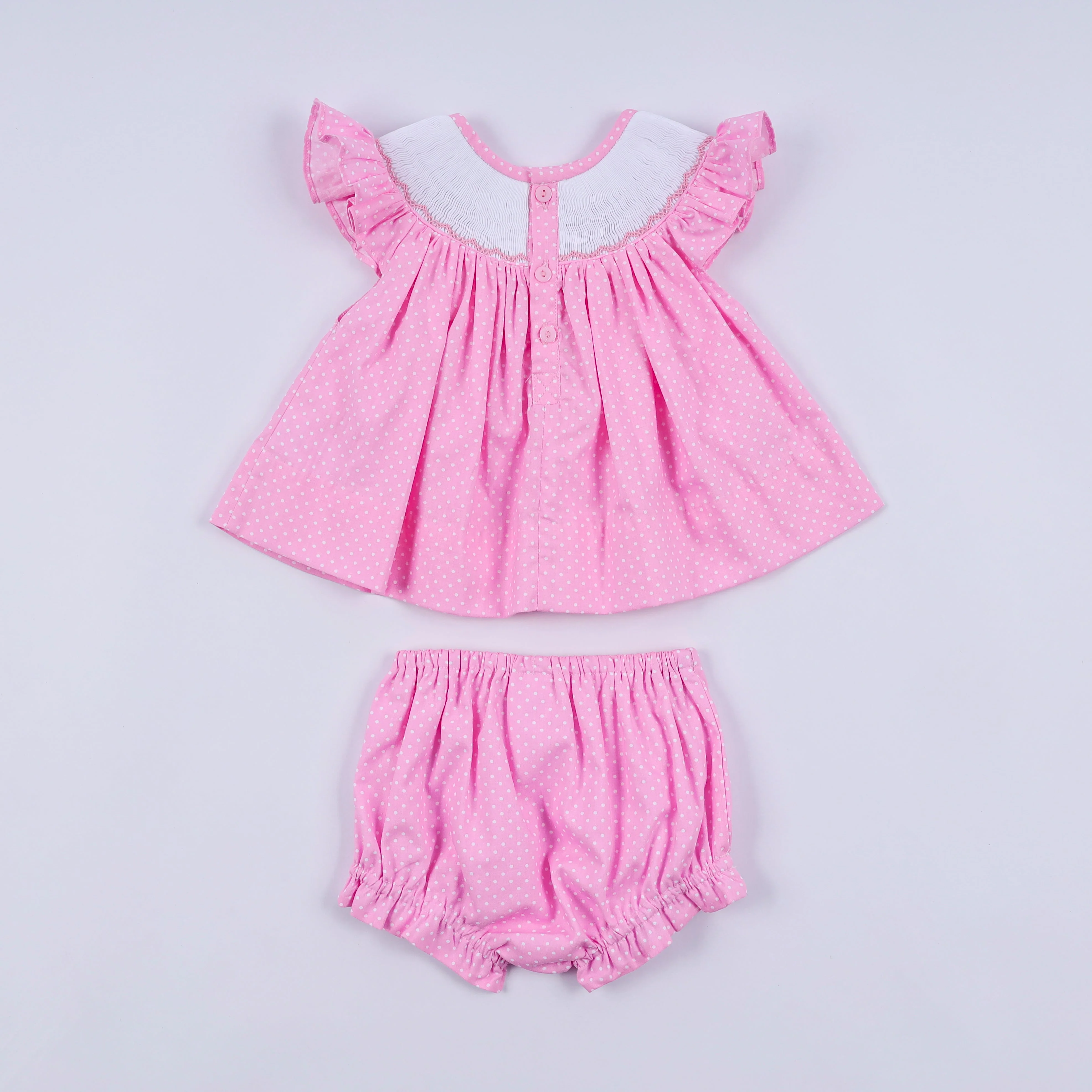 Pink character hand smocked dot ruffle bloomer set - Image 6