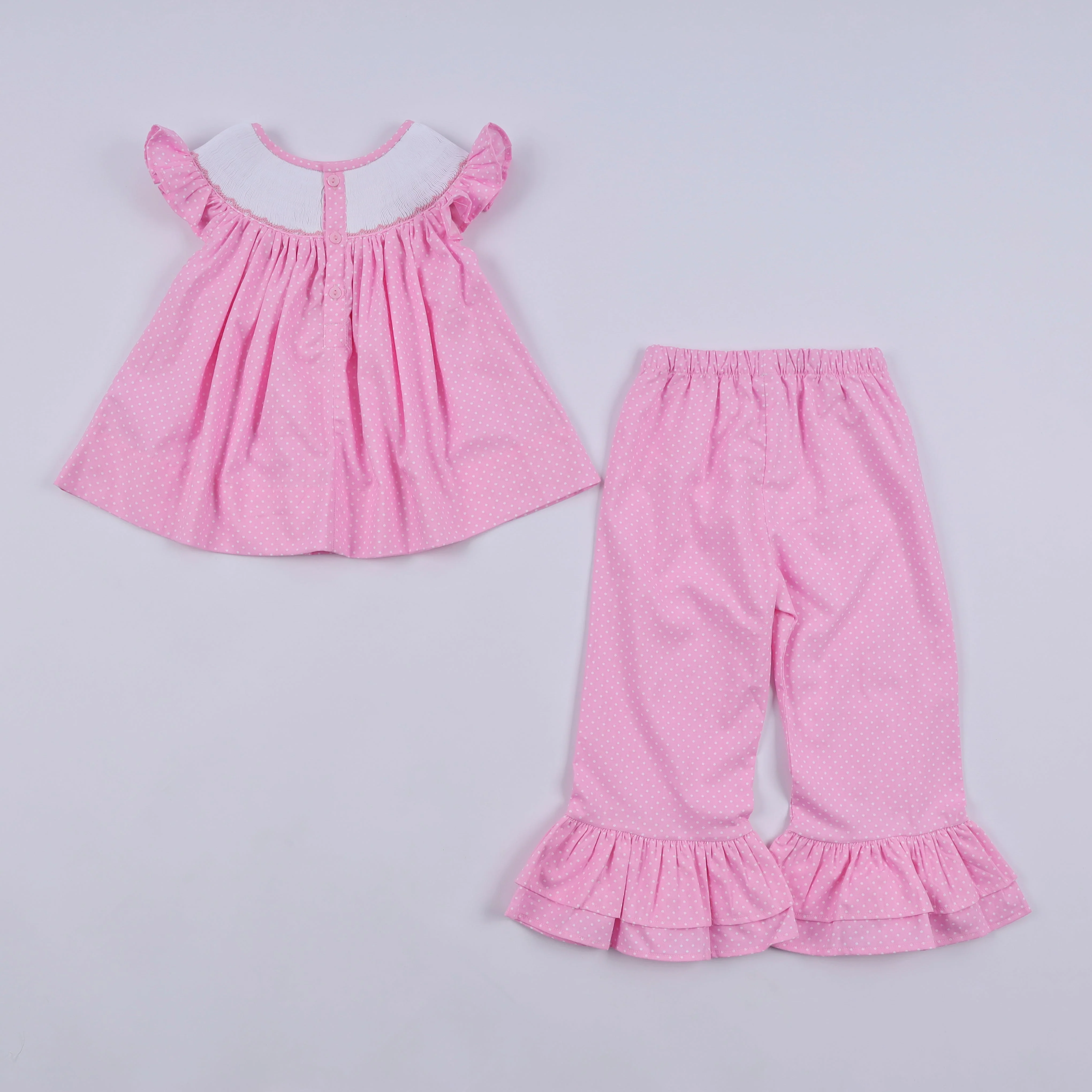 Pink character hand smocked dot ruffle pants set - Image 7
