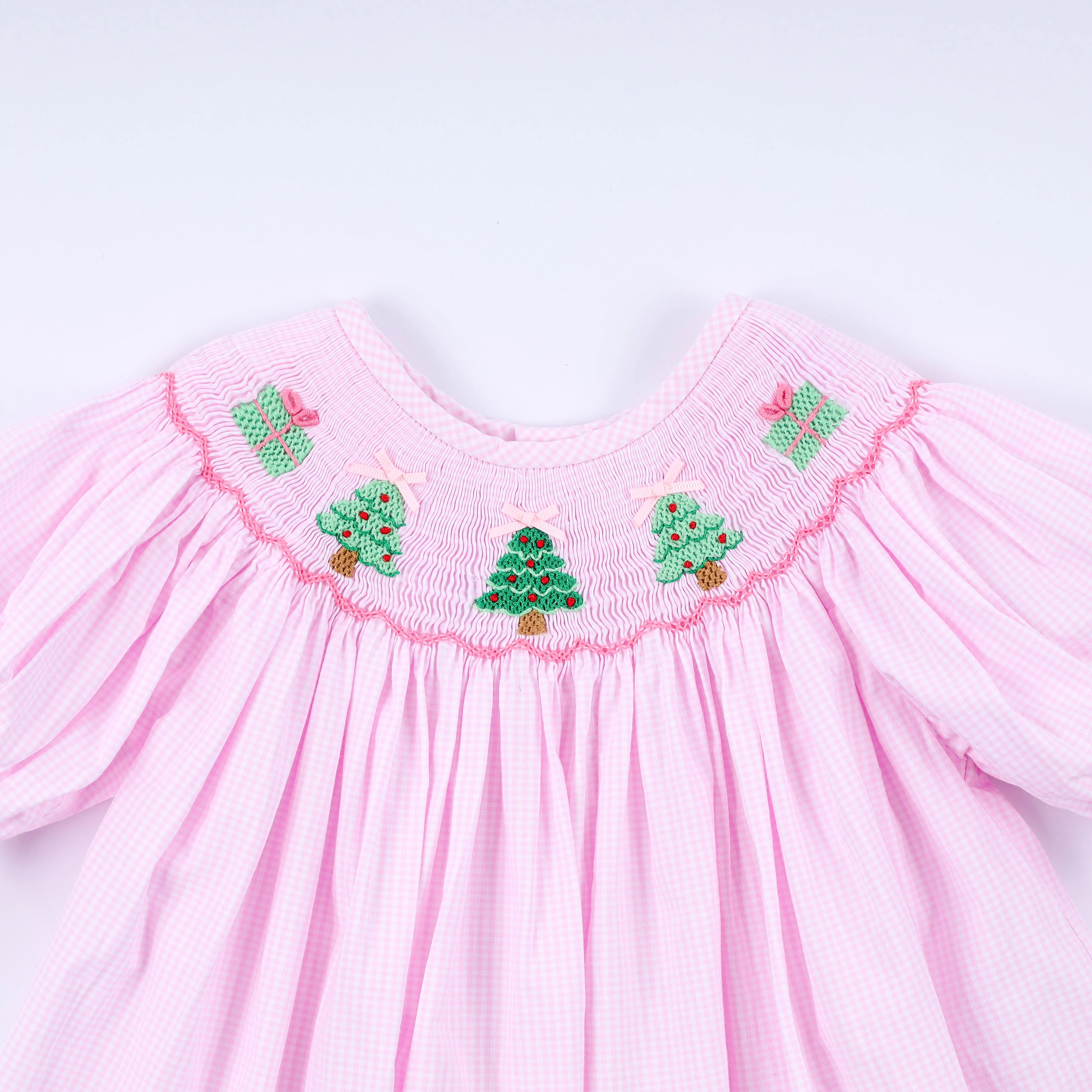 Pink christmas tree hand smocked ruffle pants set - Image 2