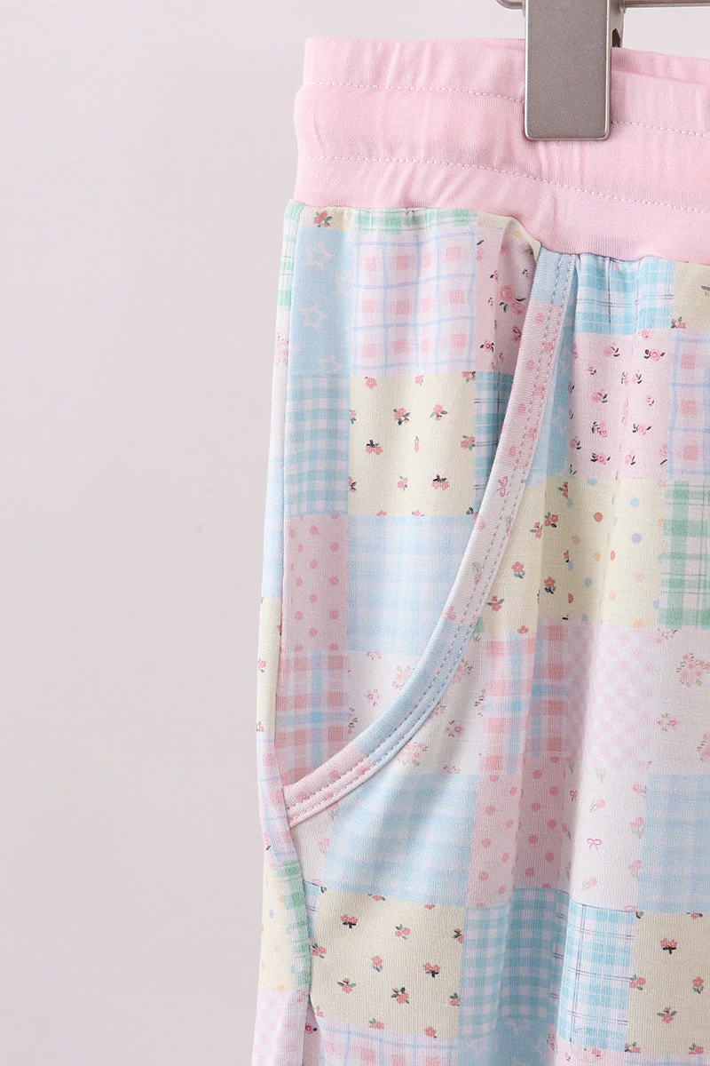 Pink floral checkered bamboo mom pajamas pants - Image 3