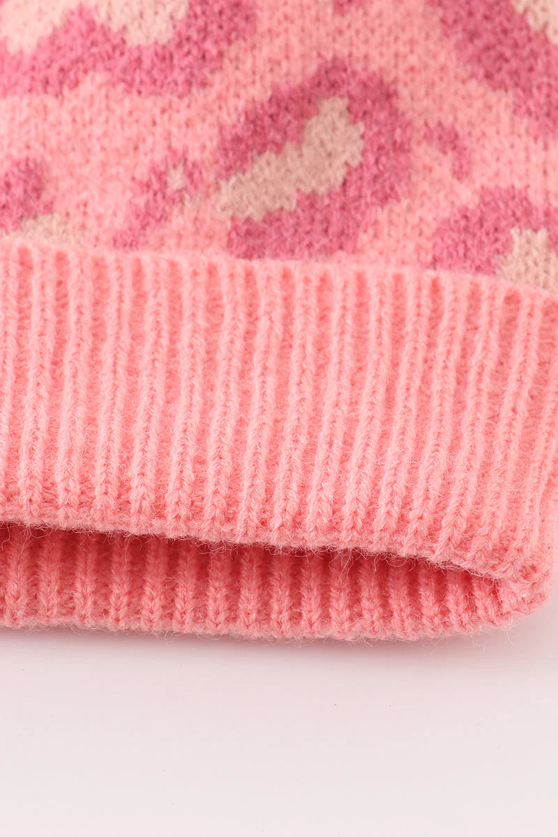 Pink pompom leopard cable beanie hat - Image 5