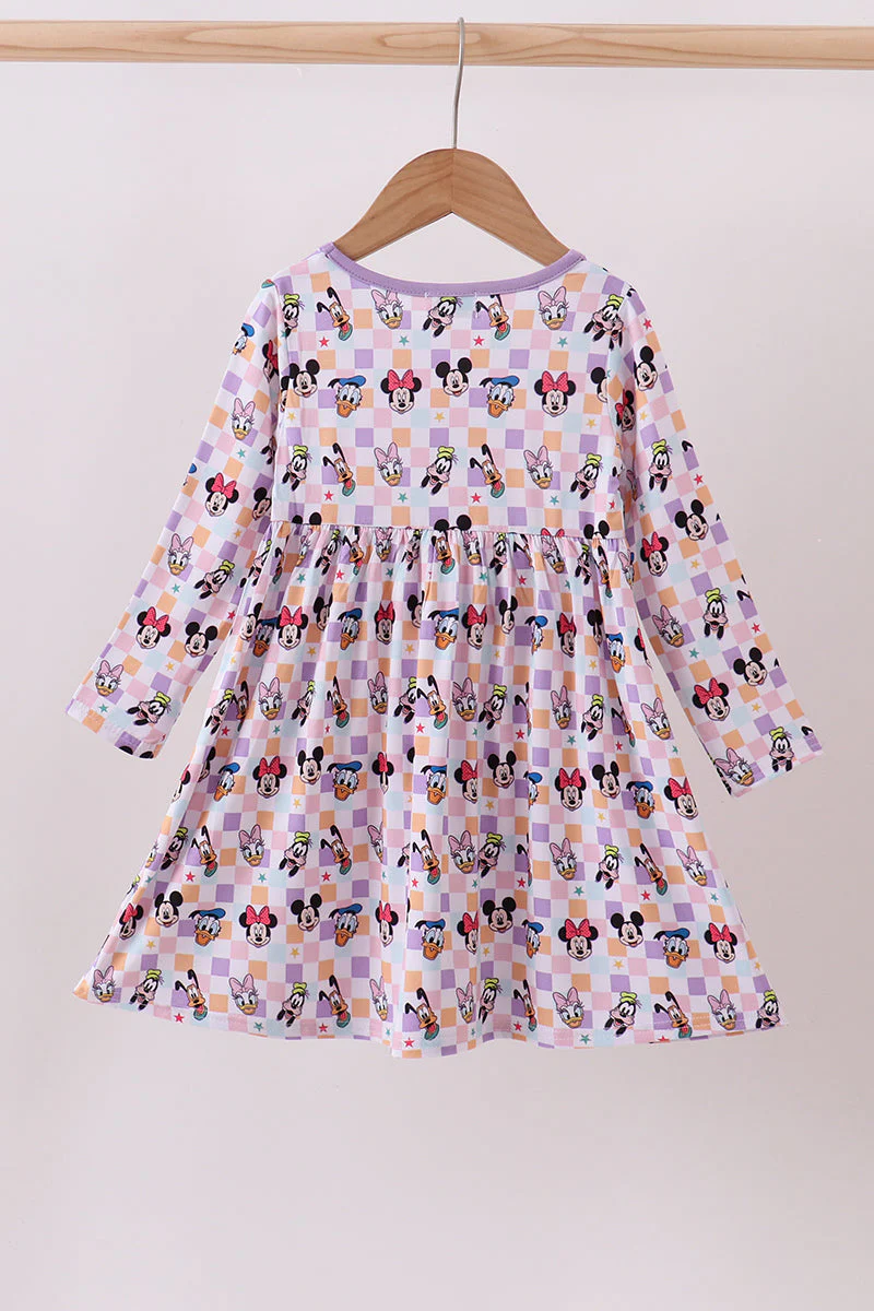 Premium purple character print bamboo checkered dress - Image 5
