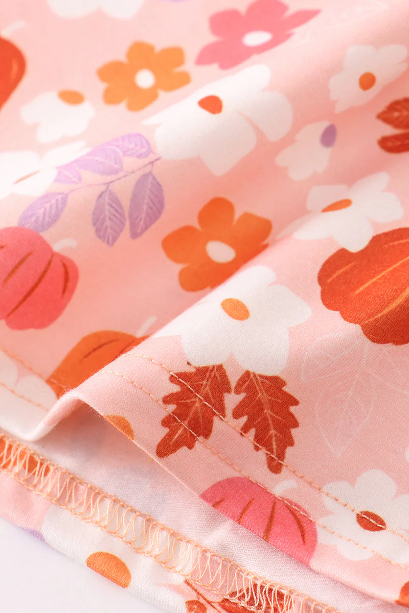 Pumpkin floral print bow women dress - Image 3