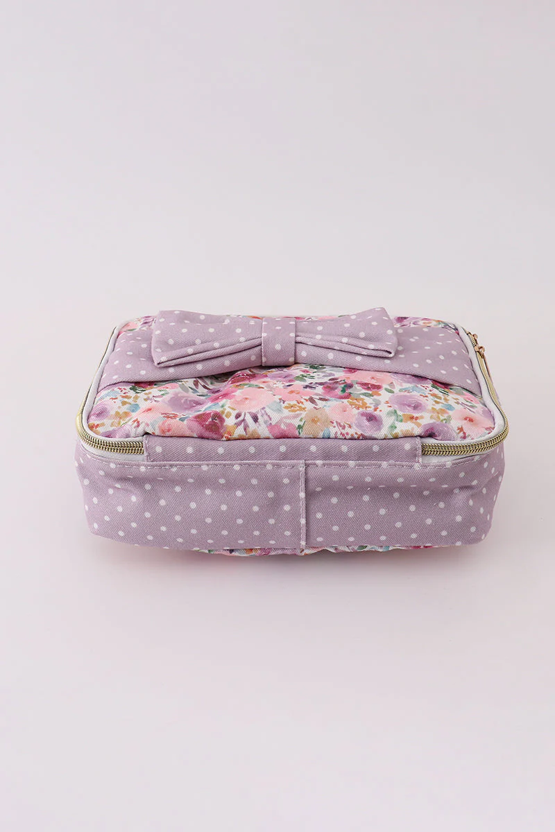 Purple floral print canvas bow lunch bag - Image 3