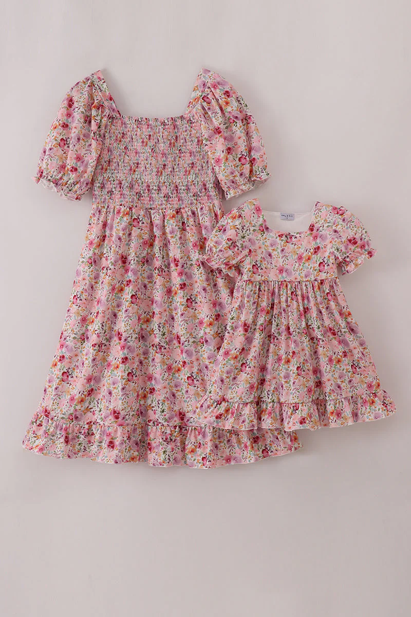Purple floral print ruffle mom&me dress