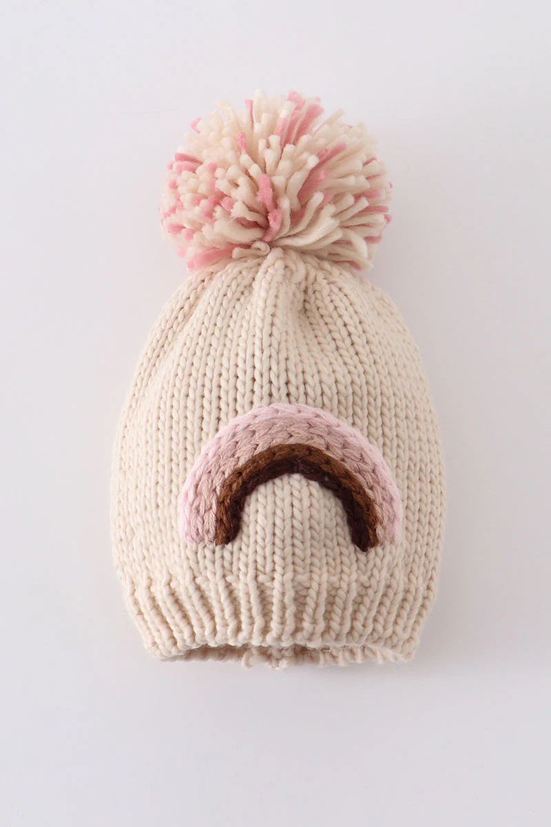 Rainbow hand embroidered pom pom beanie hat - Image 3