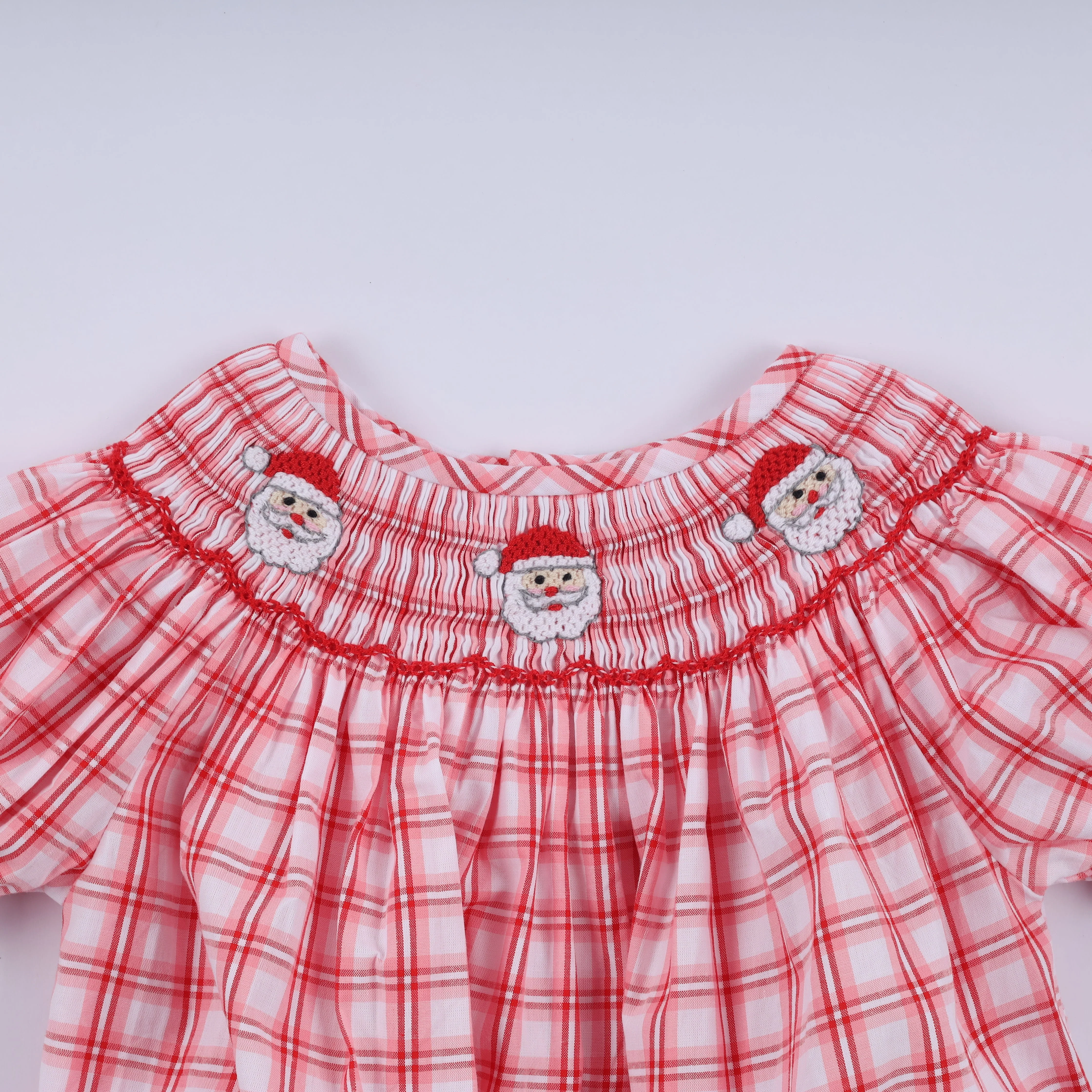 Red christmas santa claus hand smocked plaid bubble - Image 2