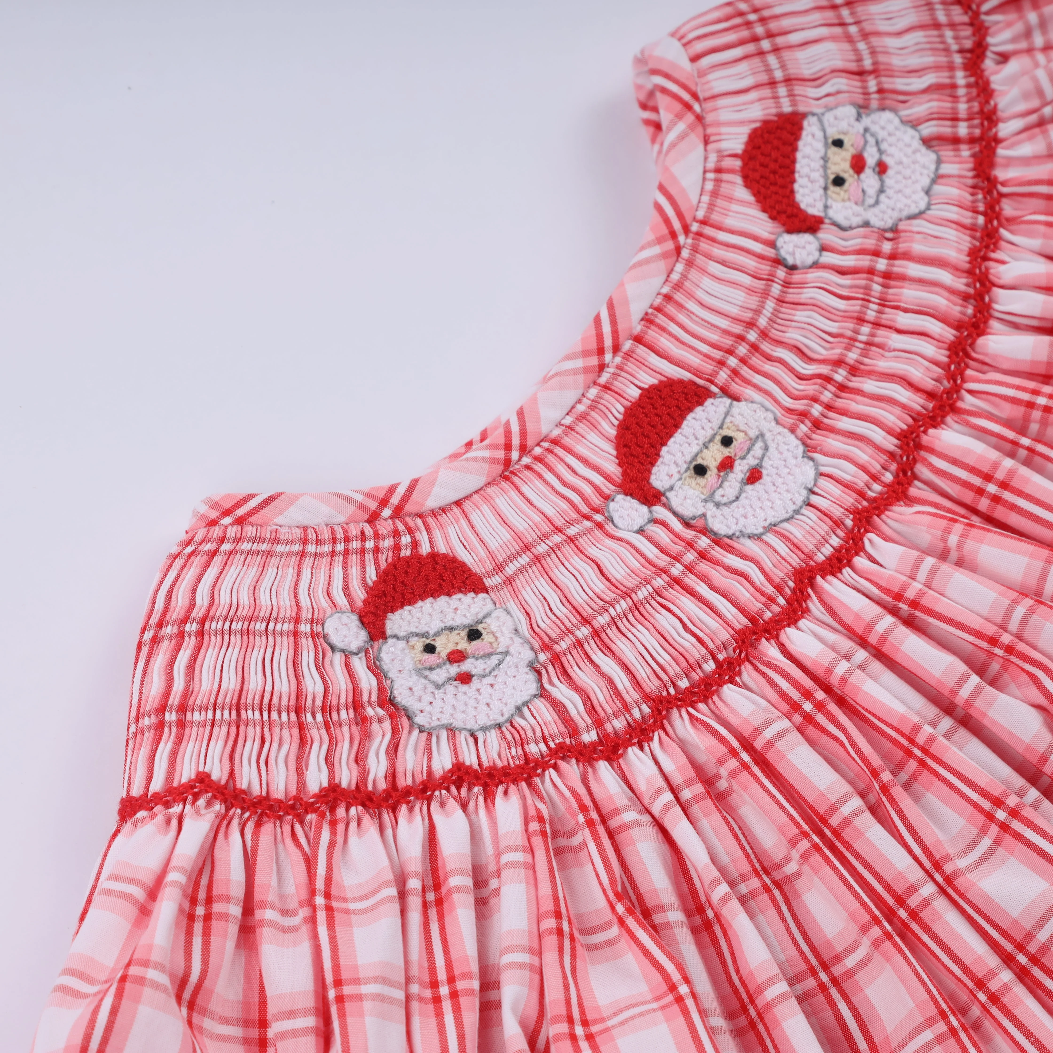 Red christmas santa claus hand smocked plaid ruffle pants set - Image 4