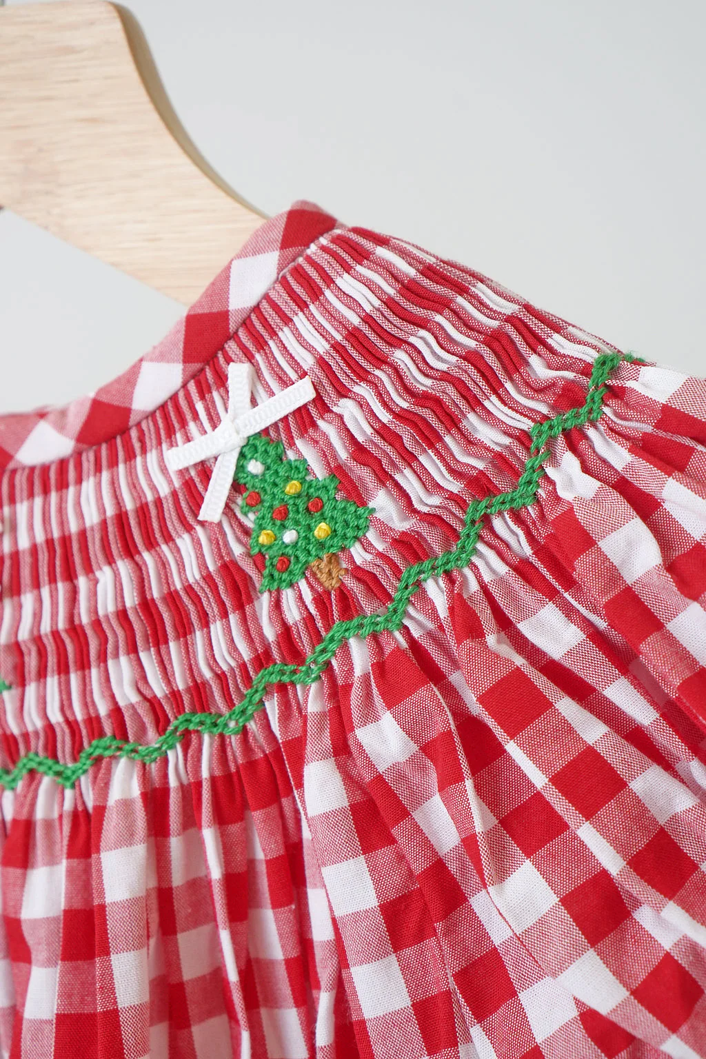 Red christmas tree hand smocked gingham romper - Image 4