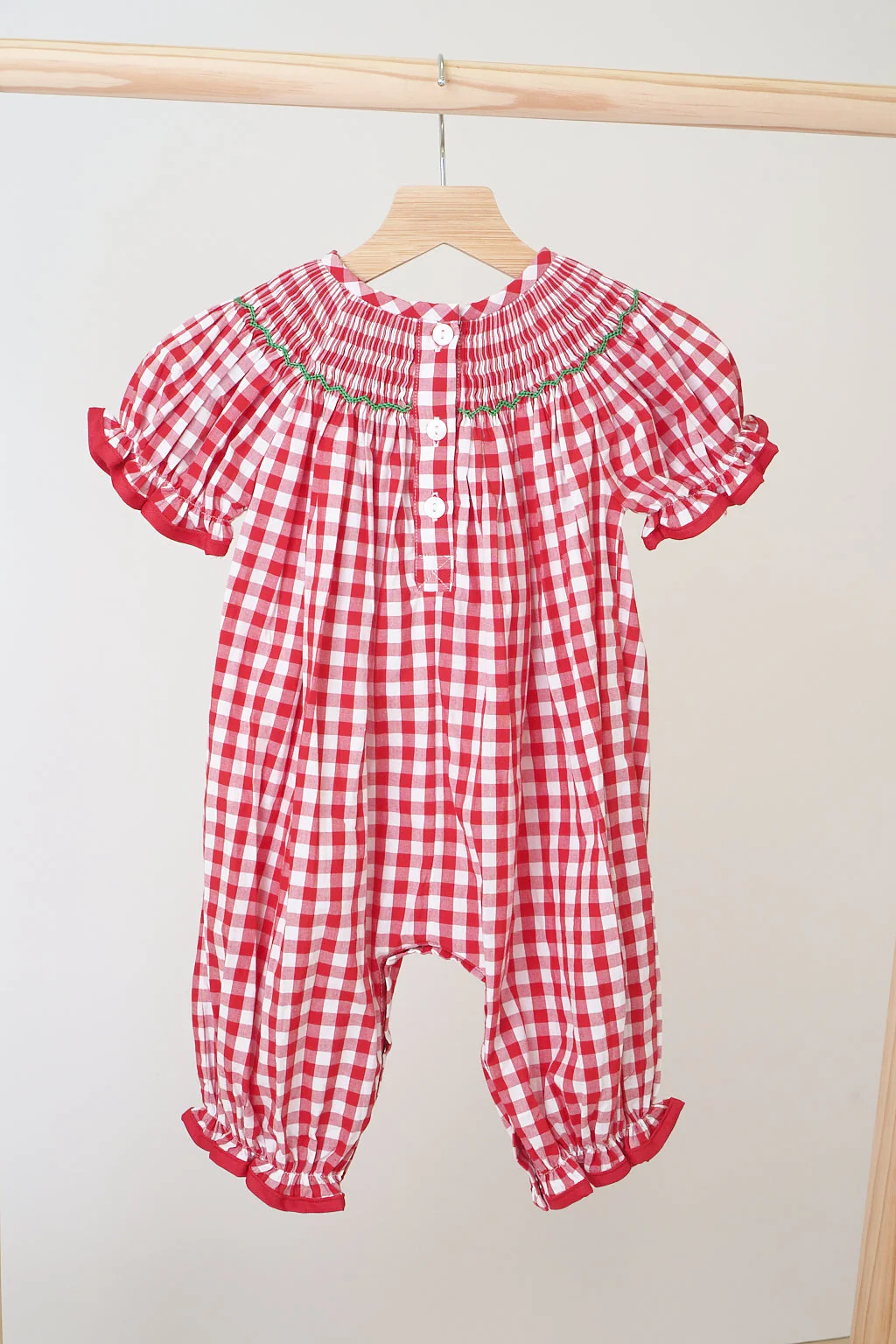 Red christmas tree hand smocked gingham romper - Image 5