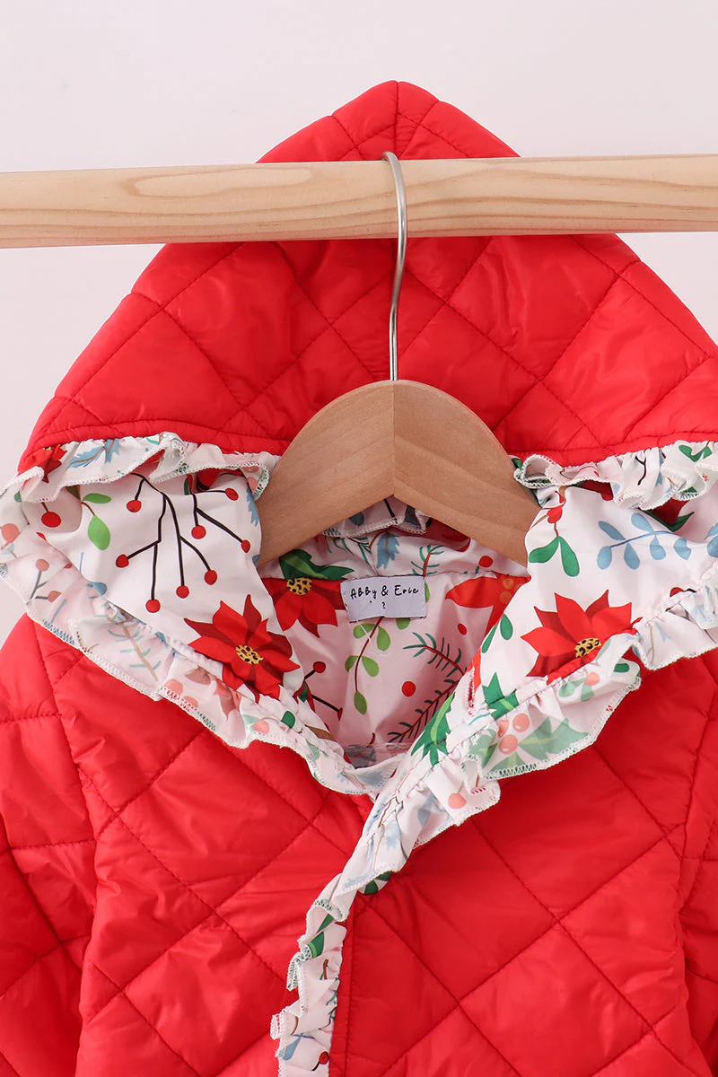 Red floral print ruffle quilted jacket - Image 3