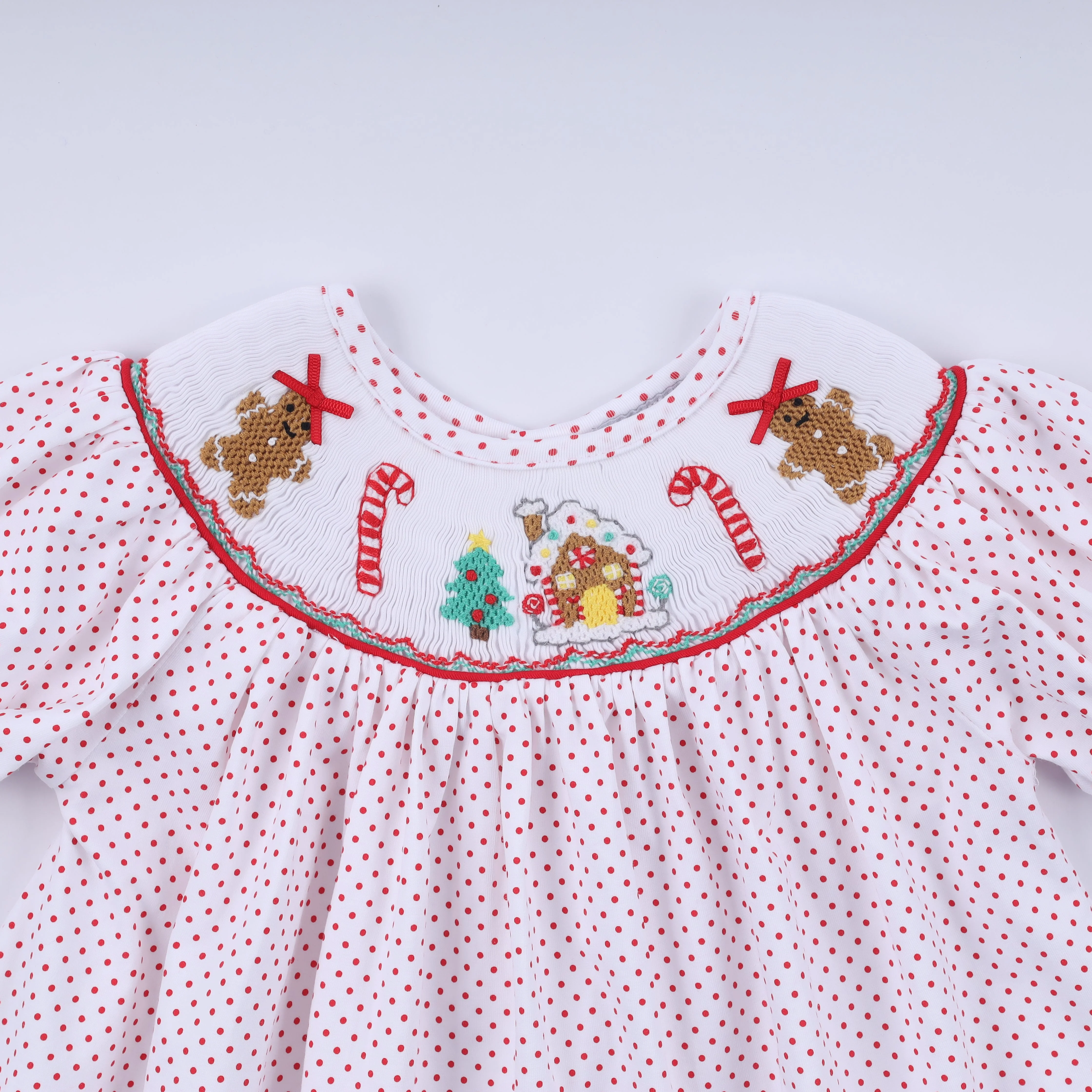 Red gingerbread hand smocked ruffle pants set - Image 2
