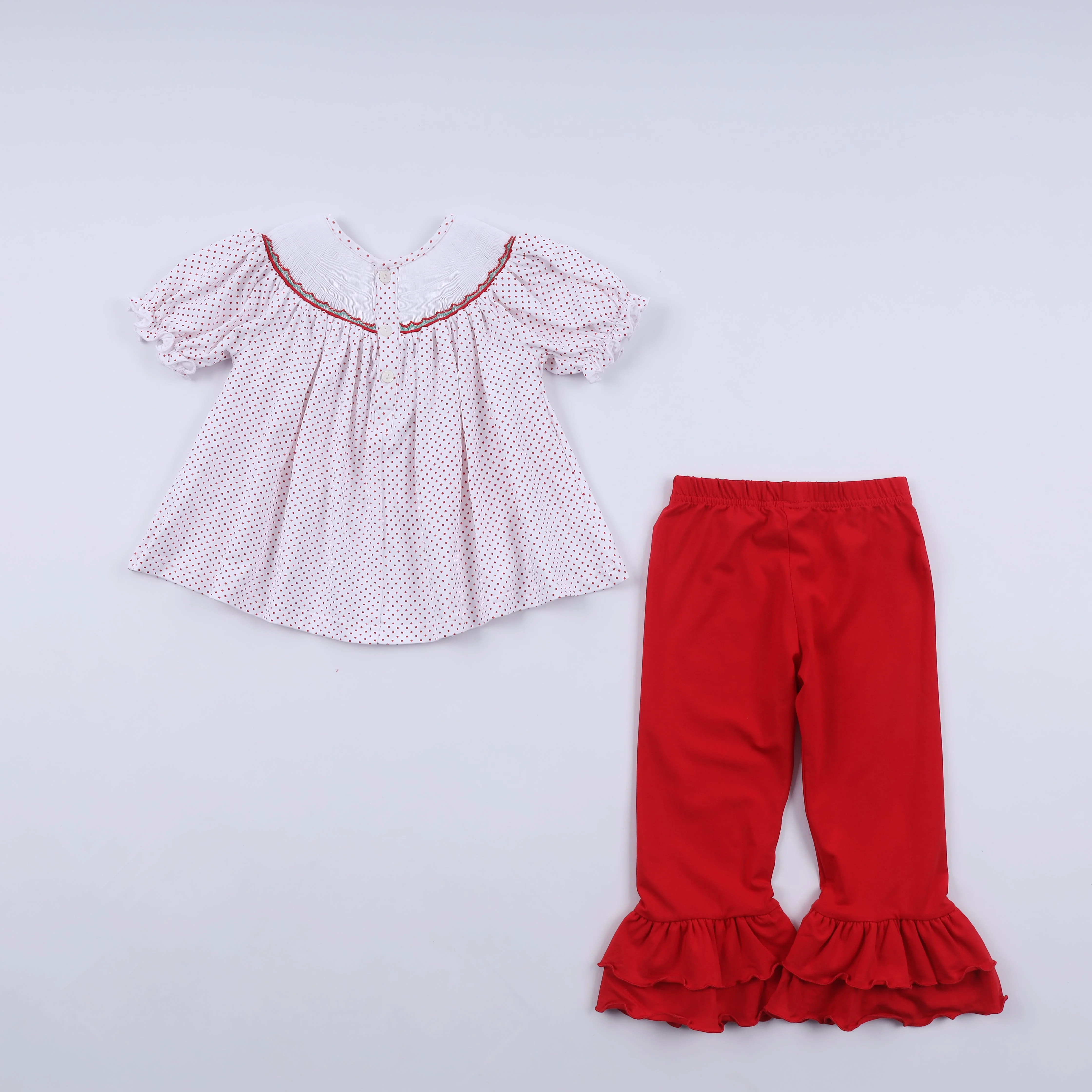 Red gingerbread hand smocked ruffle pants set - Image 8