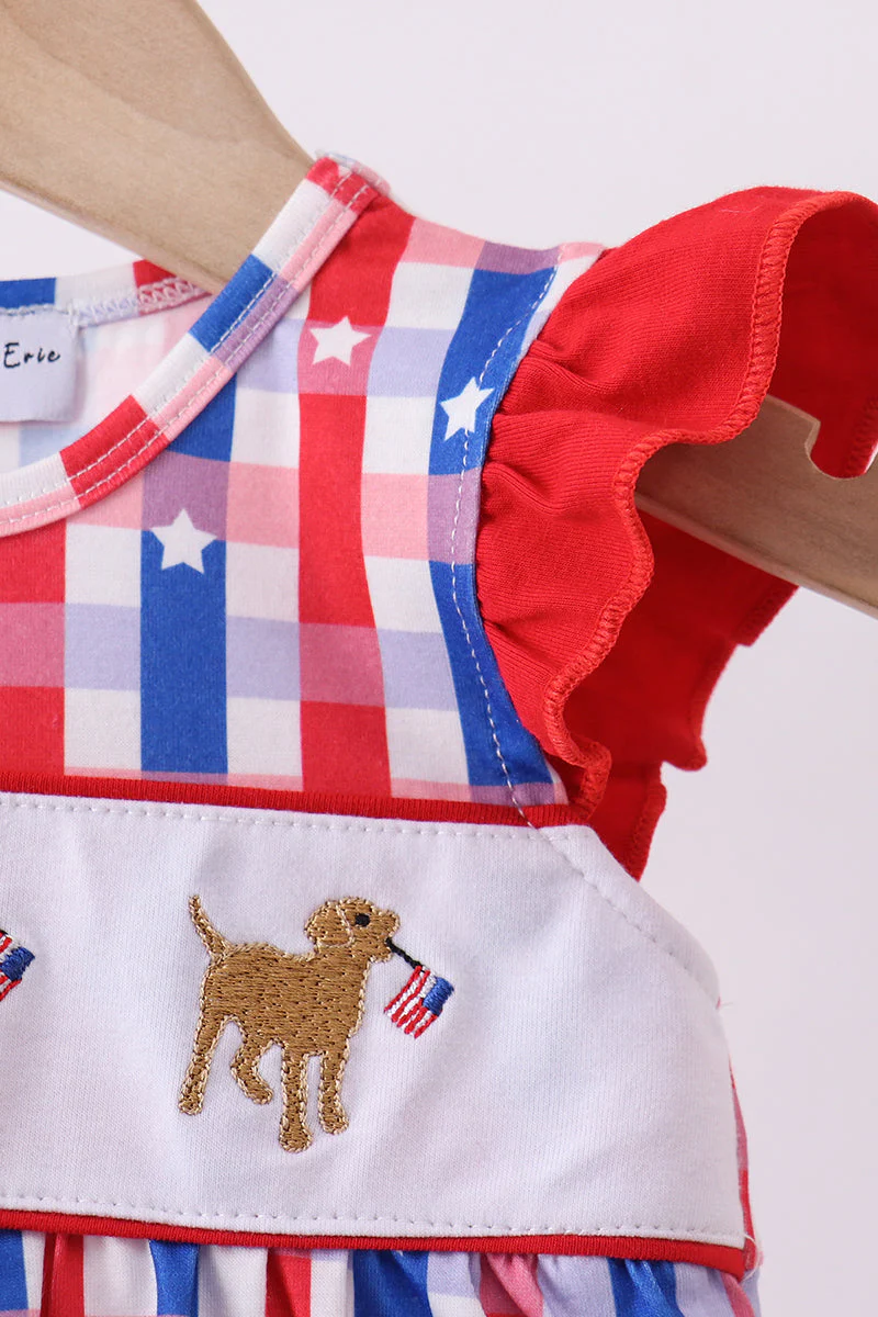 Red puppy embroidery ruffle plaid bubble - Image 4
