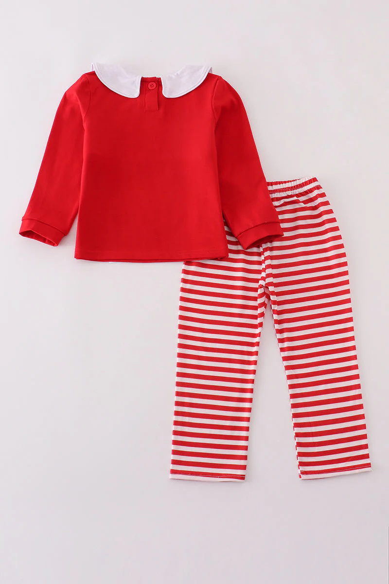 Red santa claus smocked stripe pants set - Image 5
