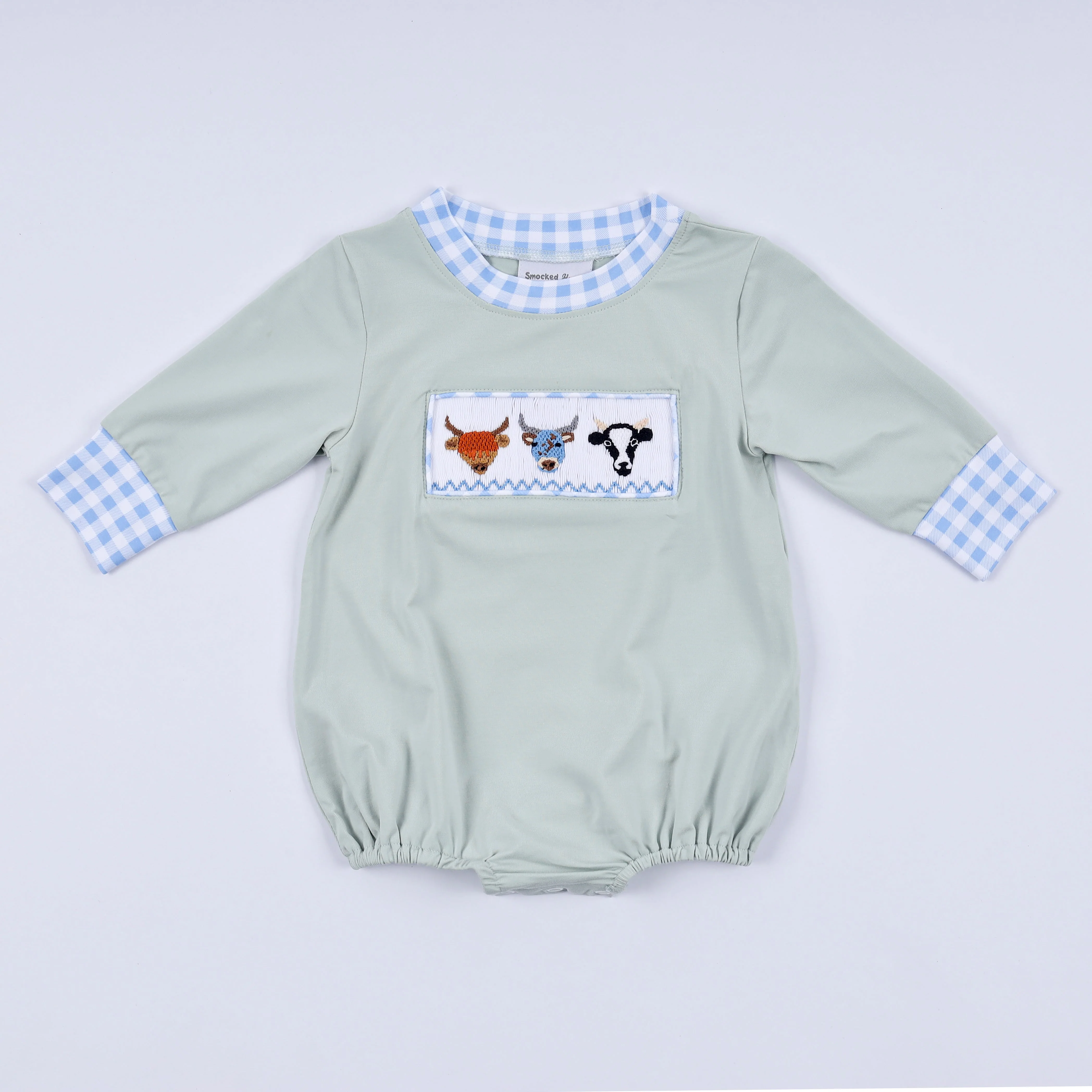Sage cow hand smocked bubble