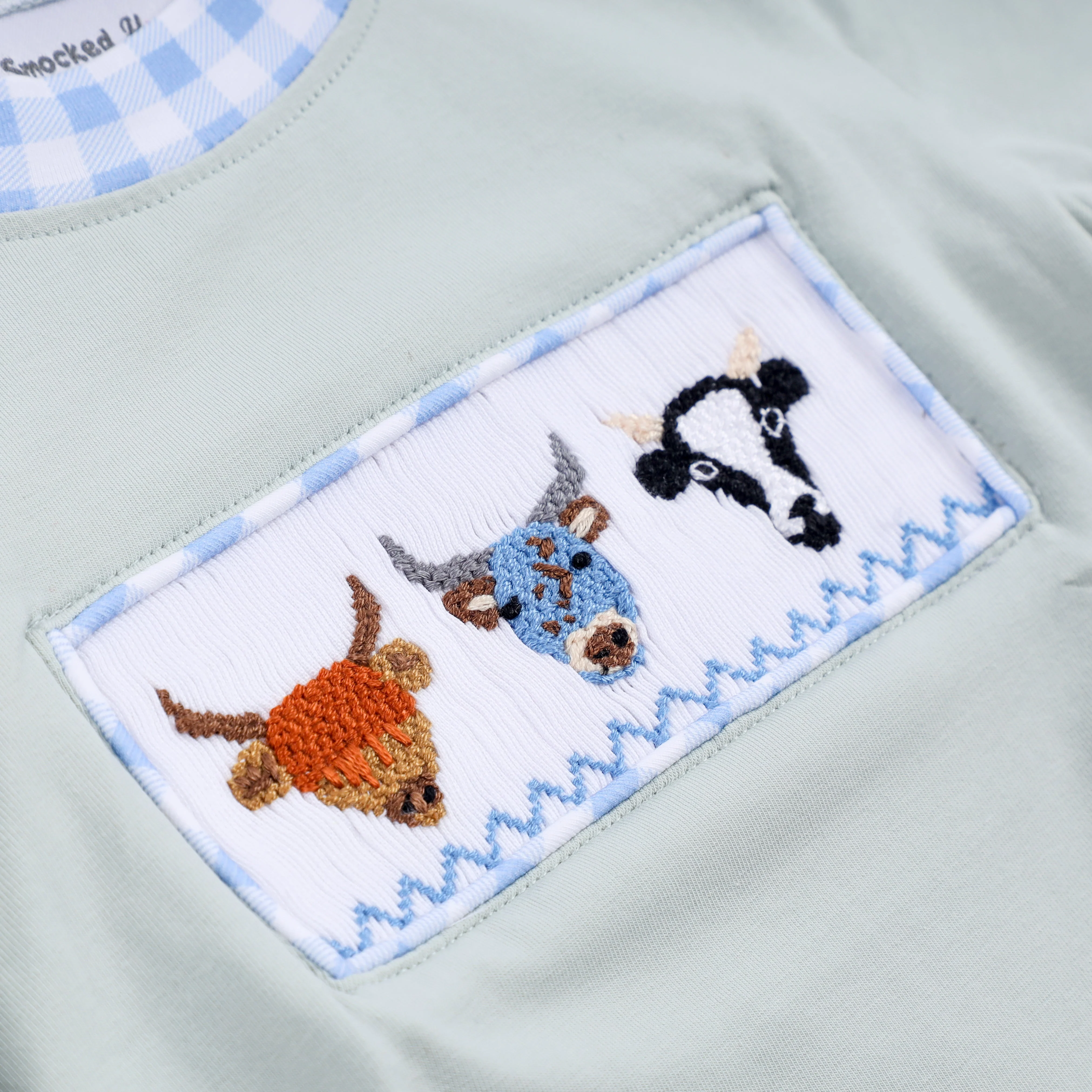 Sage cow hand smocked bubble - Image 3