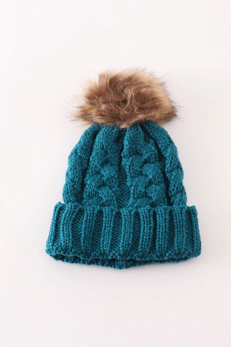 Teal pompom cable beanie hat - Image 2