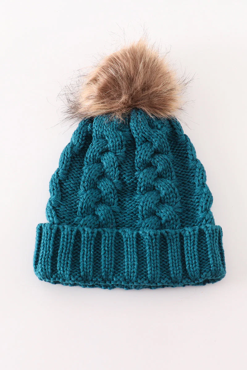 Teal pompom cable beanie hat - Image 3