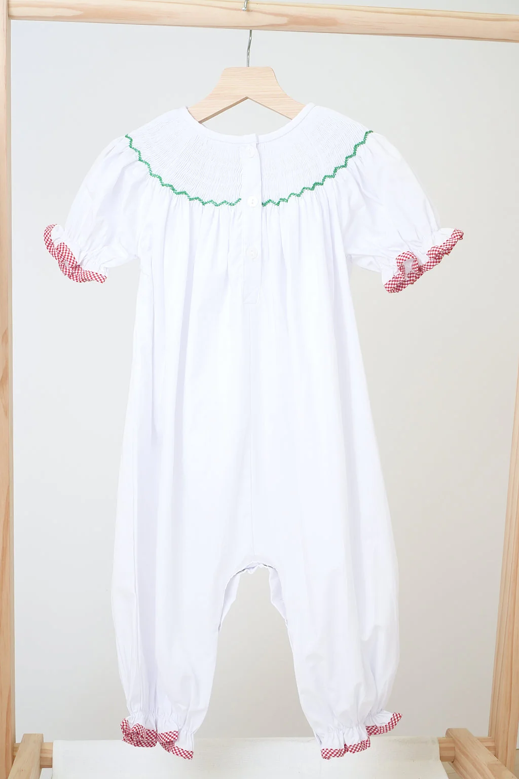 White chrismtas tree hand smocked girl romper - Image 5